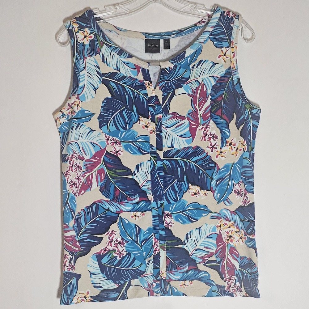 Rafaella‎ Studio Tank Womens Medium Blue Tropical Leaf Floral Sleeveless Top Fun